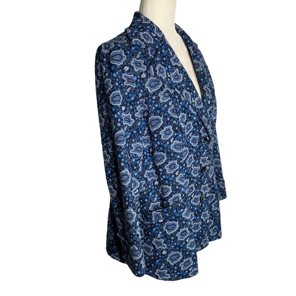 Vintage 70s Heavy Knit Blazer Jacket M Blue Floral Lined Pockets Buttons - Picture 6 of 6